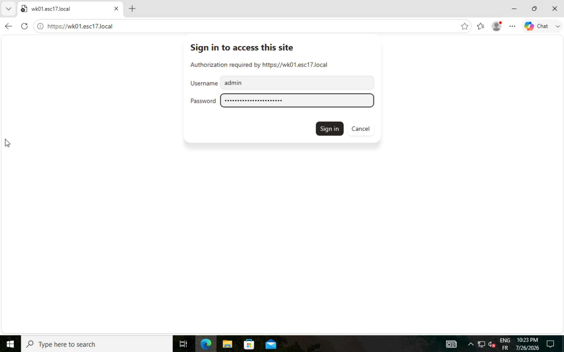 Basic authentication prompt on https://wk01.esc17.local shown on the victim workstation, with no certificate warning
