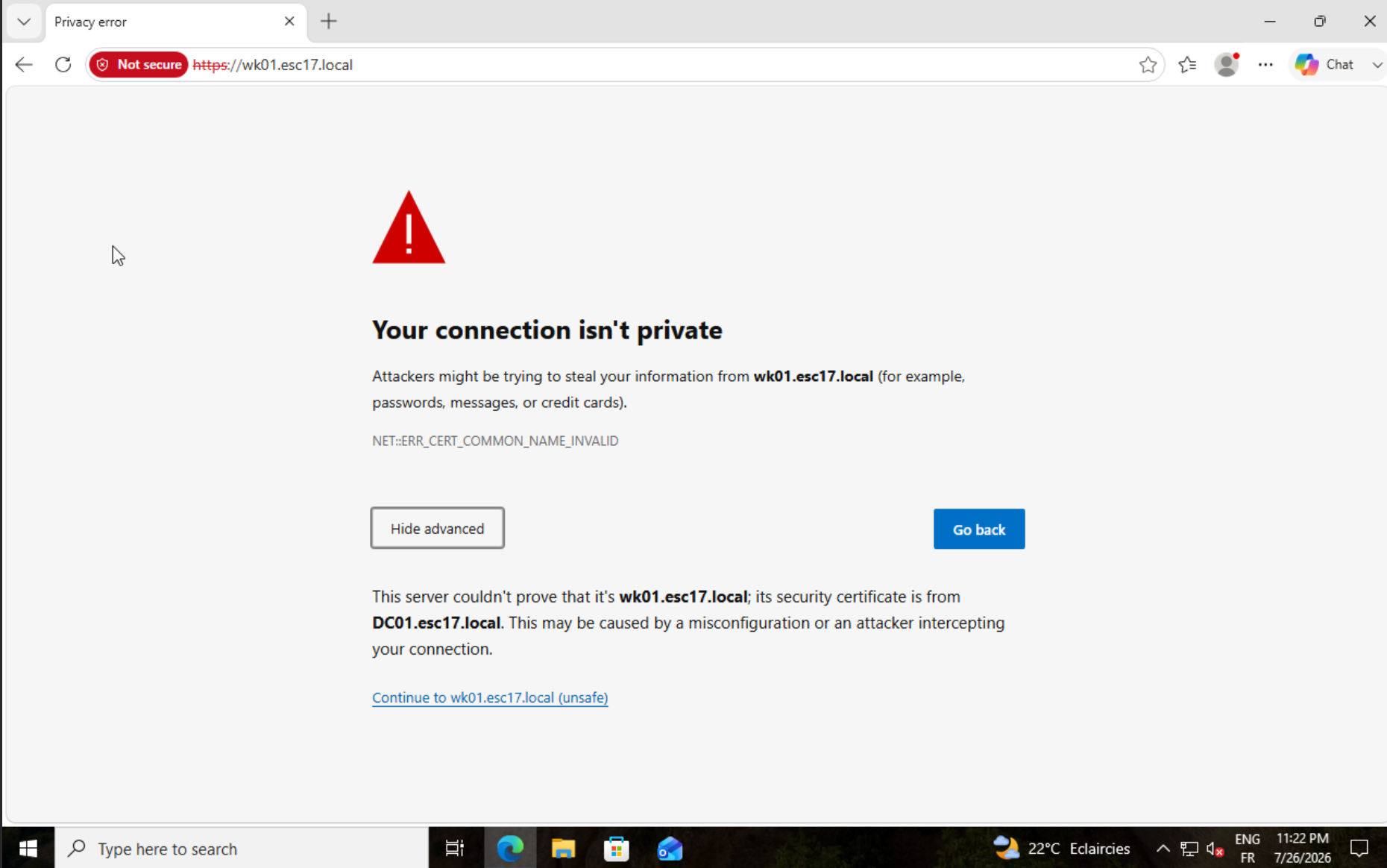 NET::ERR_CERT_COMMON_NAME_INVALID error: the presented certificate is for DC01.esc17.local while the visited site is wk01.esc17.local