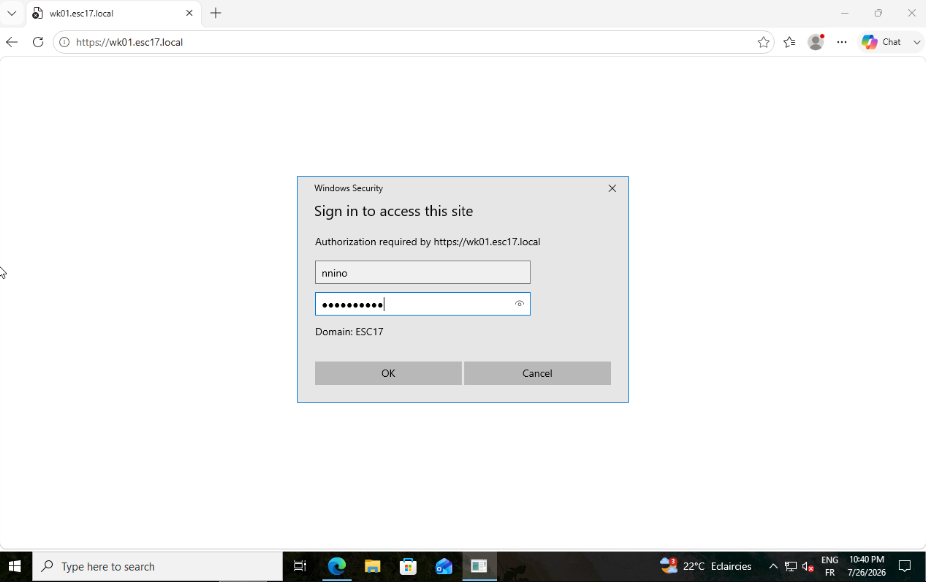 Windows Security authentication prompt on https://wk01.esc17.local, user nnino, domain ESC17