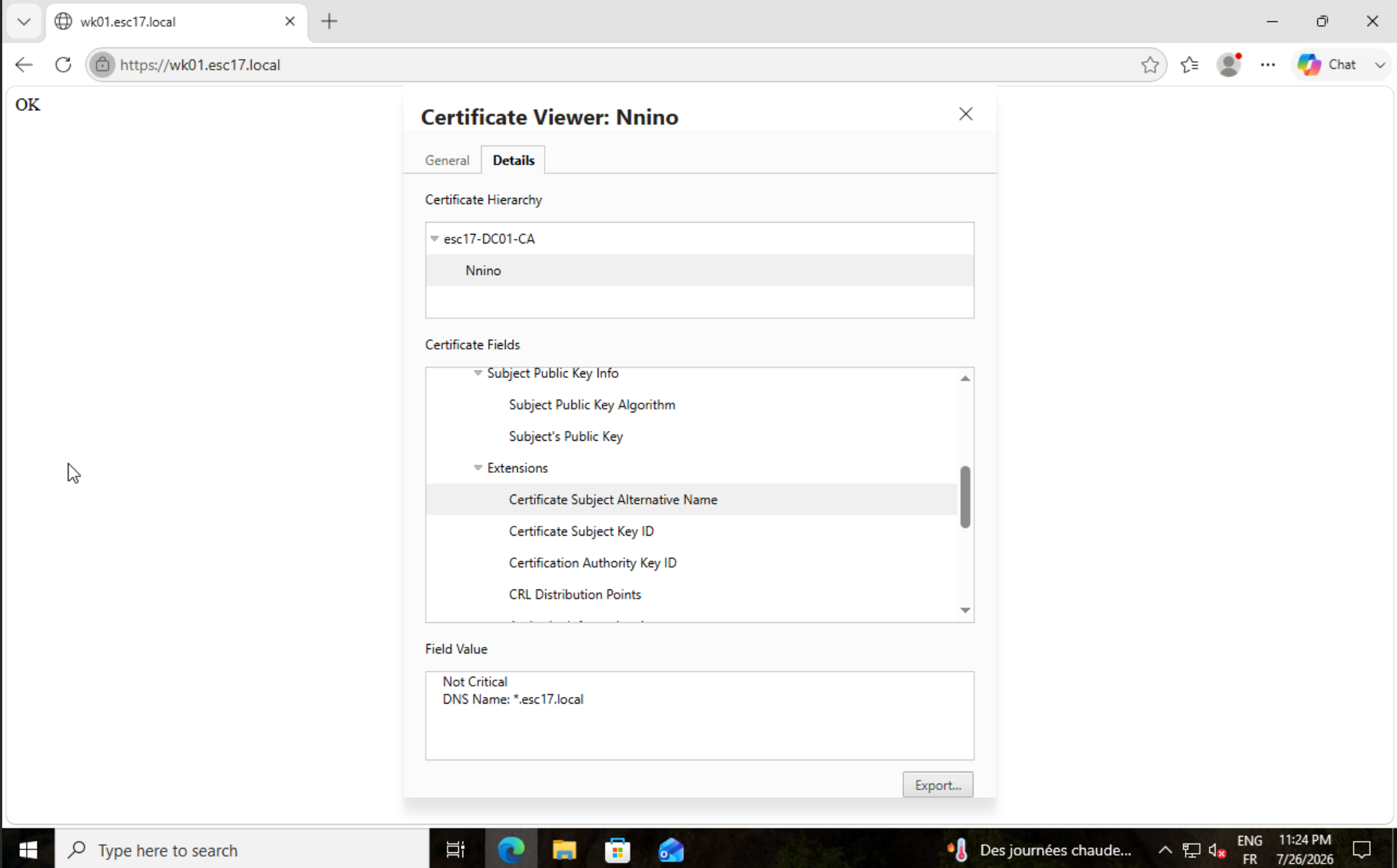 Wildcard certificate, SAN DNS Name *.esc17.local issued by esc17-DC01-CA, accepted with no warning on wk01.esc17.local