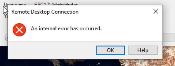 An internal error has occurred, shown by mstsc on the client side after the capture