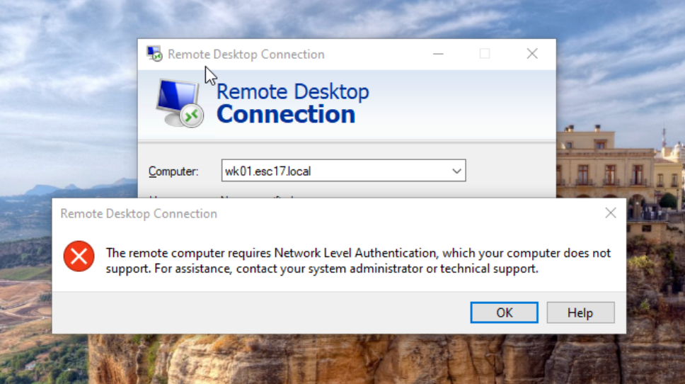 mstsc error, The remote computer requires Network Level Authentication